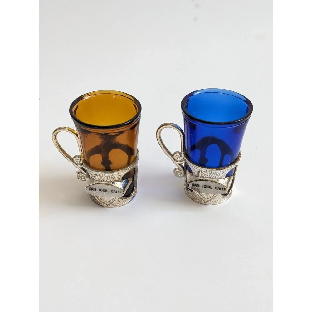 San Jose CA Vintage Souvenir Mini Mugs‎ Shot Glasses Cobalt Amber Mid-Century